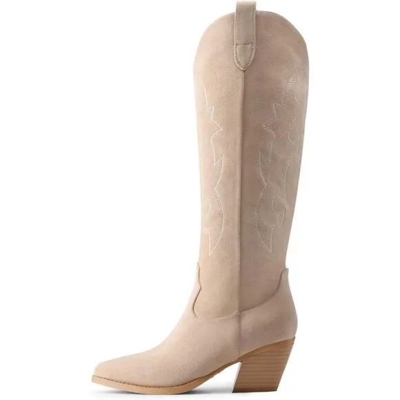 Women's Nude Western Cowgirl Boots Knee High Pointed Toe Chunky Block Heel - Picture 4 of 9